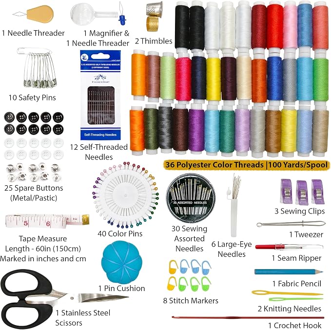 Vellostar Large Sewing Kit for Adults, 150-Piece Set, 36 Colors, 30 Needles | Easy enough to be a first home hand sewing kit, ready to mend a hem, fix a stuffed toy, or replace a button in minutes