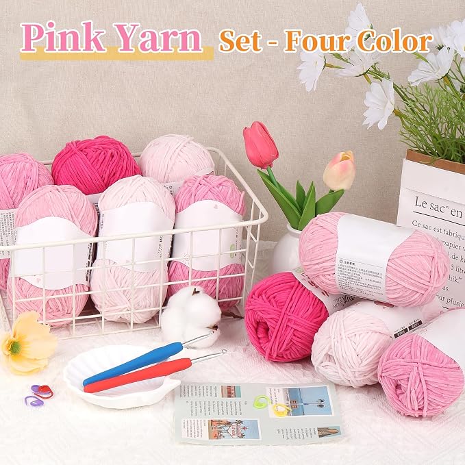 Coopay Skinny Chenille Yarn for Crocheting & Knitting, Pink Gradient | Crochet Yarn Set - 600g Total, Velvet Yarn for Colorful Crafts, Blankets, Plush Dolls, Decorative Handmade Works