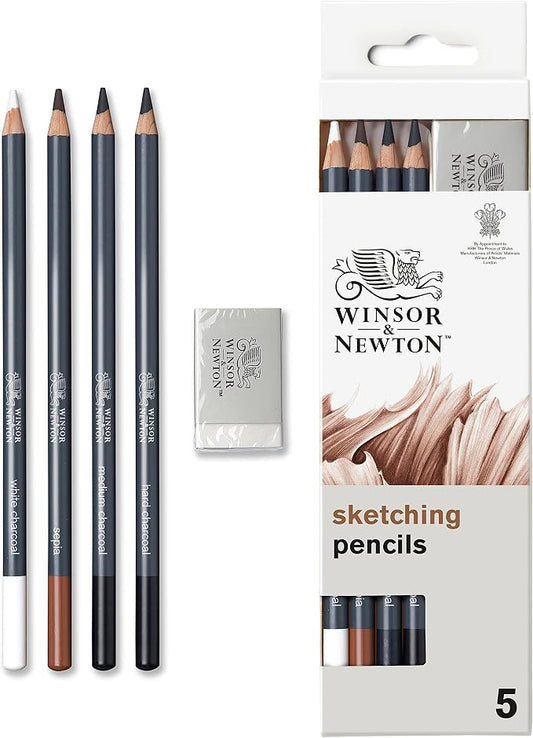 Winsor & Newton Studio Collection, Sketching Pencils, Set of 5 | Soft, Thick Core pencils, Varied Hardness, Soft Smooth Texture, Easy Blending, Stylish Metal Tin Included, High Quality Lead
