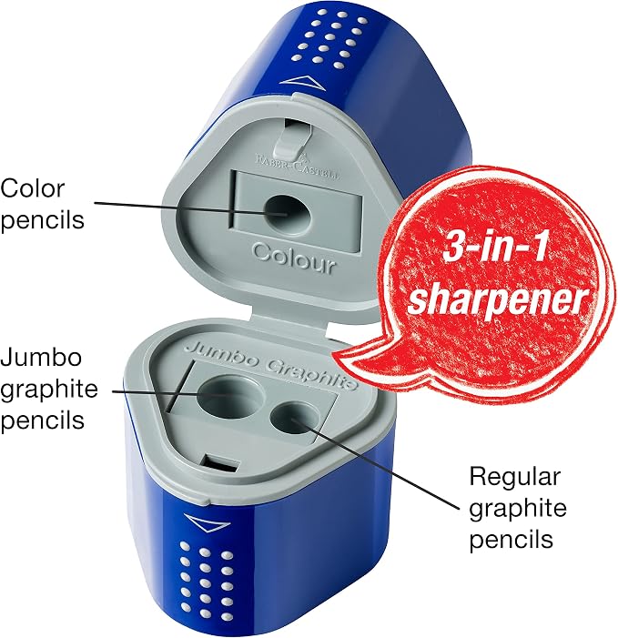 Faber-Castell Grip Trio Manual Pencil Sharpener (Red or Blue) - Graphite, Jumbo and Colored Pencil Sharpener