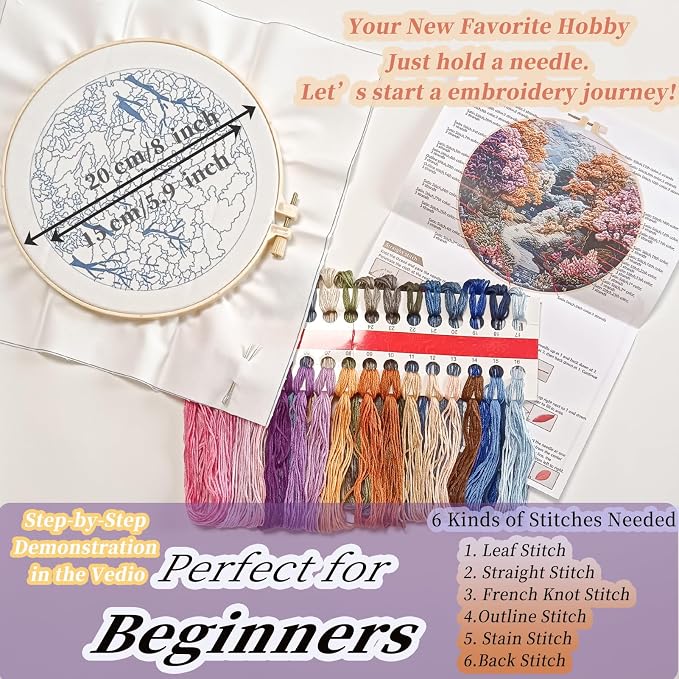 FONNUY Embroidery Kit for Beginners, Boho Nature Landscape Pre-Stamped Pattern Kits for Adults with Hoop, Easy to Follow Color Thread Needlework, 8'' Hoop (Late Spring)