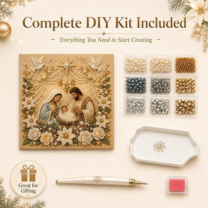 DIY Christmas Pearl Diamond Painting Kit, 5D Pearl Art Craft for Adults and Beginners, Christmas Church and Jesus Wall Decor, Holiday Gifts, 12 x 12 Inch (Jesus Design B)