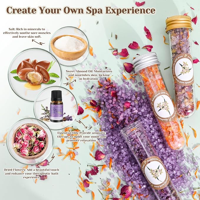 JUYRLE Bath Salts Making Kit- 31PCS DIY Bath Salts Making Kit, Make Your Own Sea Bath Salt, Relaxation Gifts for Women, Lavender, Rose, Body Care Spa Set, Organic Salt Scrubs Gifts for Women & Men