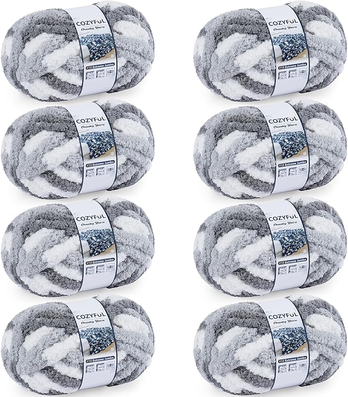 Cozyful Chunky Yarn for Hand Knitting - #10 Chunky Chenille Blanket Yarn, Jumbo Big Thick Chunky Yarns for Crocheting, Tie Dye Bulky Knit Yarns, 8 Skein (20 yds 8 oz Each Skein), Multi Grey&White