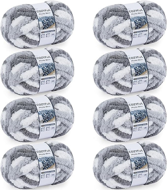 Cozyful Chunky Yarn for Hand Knitting - #10 Chunky Chenille Blanket Yarn, Jumbo Big Thick Chunky Yarns for Crocheting, Tie Dye Bulky Knit Yarns, 8 Skein (20 yds 8 oz Each Skein), Multi Grey&White