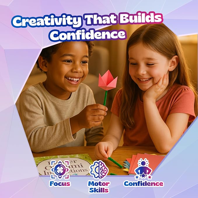 Pinwheel Crafts Flower Origami Kit for Kids Ages 8-12, 550 Pcs | 350 multicolor folding sheets, 100 chenille stems, 100 buttons and gems, booklet, makes 3D paper flowers, gift for girls