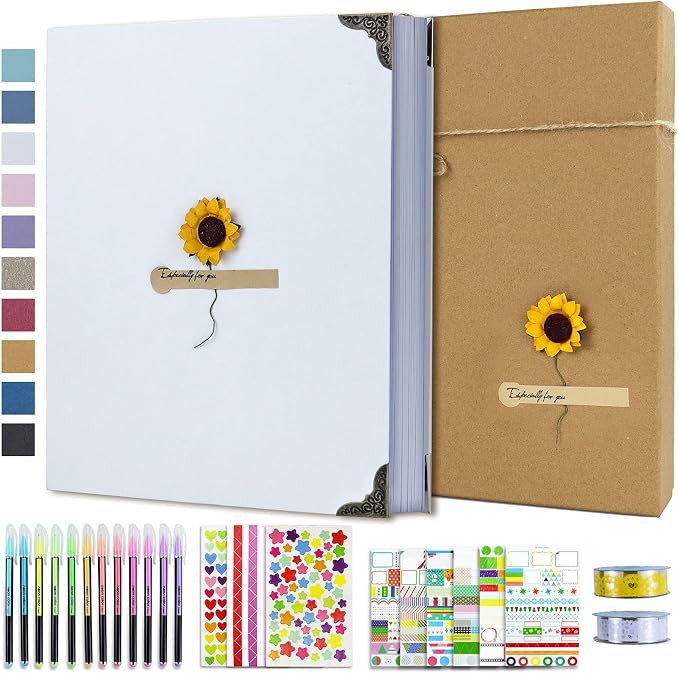 Vienrose DIY Scrapbook Photo Album Kit with Pens Tapes and Stickers 60 Pages Hardcover 8.5x11 Inches 3 Rings Removable Black Paper Scrapbooking Gift for Lover Friends Kids Wedding Valentine's White | 30 Sheets,Hardcover,3-Ring Removable White Paper,Pen...