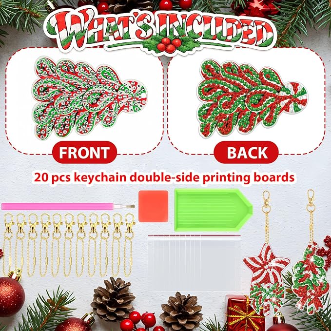 Tondiamo 20 Pcs Christmas Candy Diamond Painting Keychain Kits 5D DIY Diamond Art Pendants Double Sided Hanging Key Chains for Christmas Party Decoration DIY