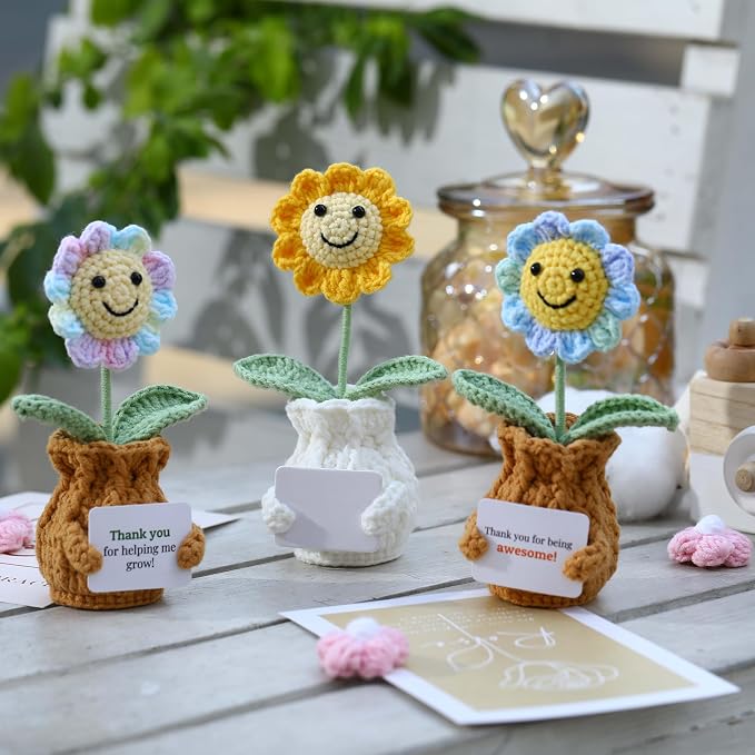Personalized Handmade Positive Sunflower Doll Crochet with Card Custom Text - Appreciation Gift for Coworker, Teacher, Women, Mom, Friend - Customizable Thank You, Birthday, Christmas Gift