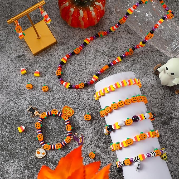 Augshy 300Pcs Halloween Polymer Clay Beads Pumpkin Candy Corn Shaped Beads