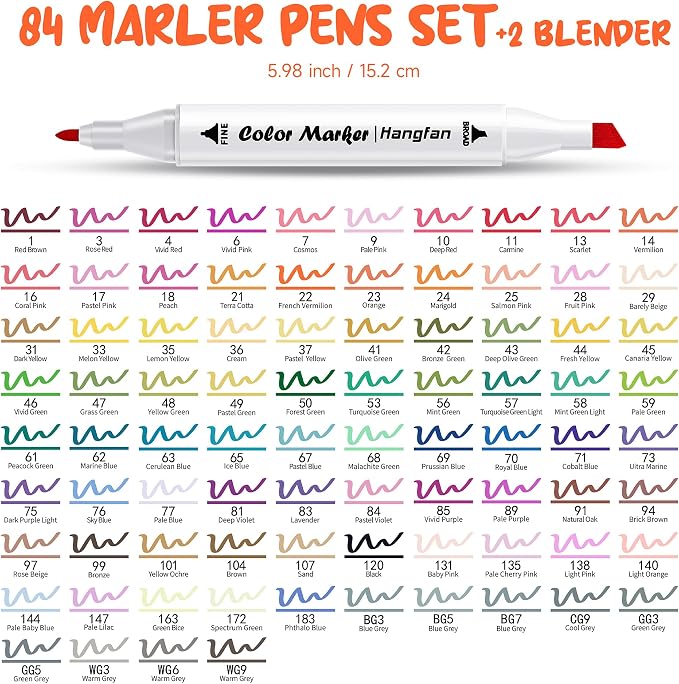 Art Markers, 84 Colors Alcohol Based Ink Broad&Fine Dual Tip Permanent Markers Pen Set with Case for Kids Professional Artist Coloring Drawing Sketching Outlining Marking