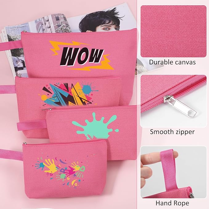 10 Pieces Cotton Canvas Makeup Bag with Bottom and Strap, Multi-Purpose Cosmetic Bag with Zipper Travel Toiletry Pouch, Blank DIY Craft Bag (Hot Pink, S)