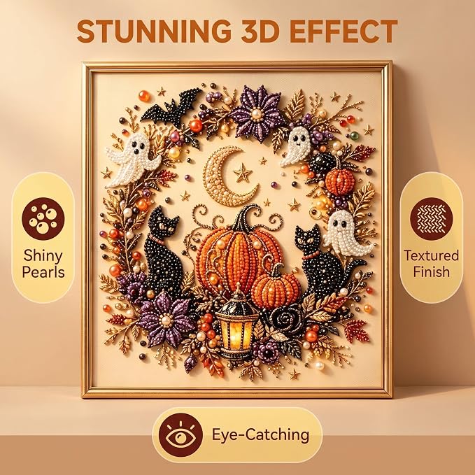 PYKI Halloween Ghost Pearl Art Kit - 3PCS 3D Diamond Painting for Adults, DIY Fall Home Decor, Beginner-Friendly Craft with Complete Supplies (Ghost+Pumpkin+Witch)