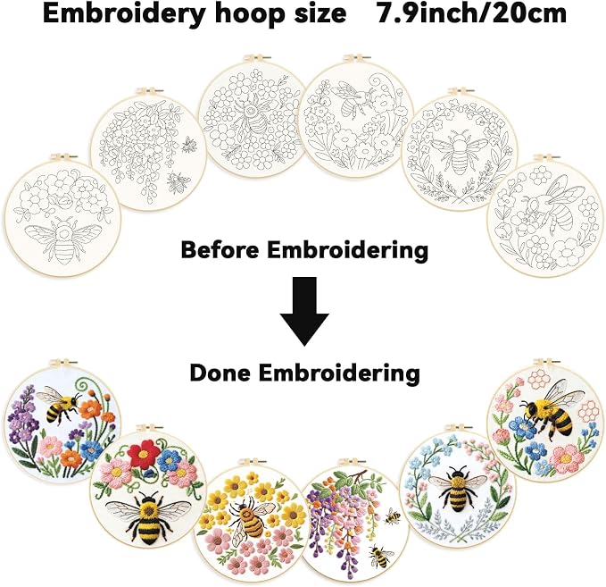 ORIGACH 6 Pack Bees & Flowers Embroidery Kits for Beginners, DIY Starter Hand Embroidery Kit with Floral & Bees Patterns and Instructions for Adults Women Crafting