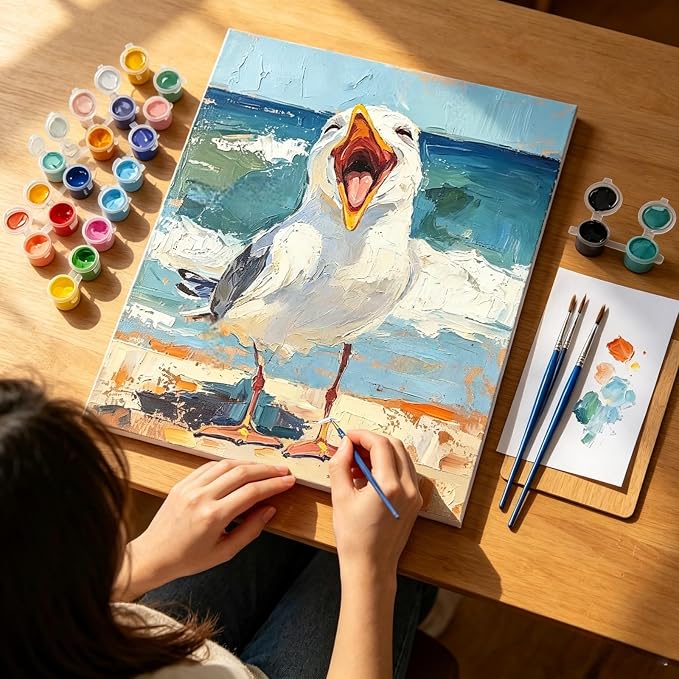 BYGFHLYW Funny Seagull Beach Ocean Paint by Numbers Kit for Adults Canvas | Coastal Seaside Easy Adult Paint by Number Kits On Canvas, DIY Acrylic Oil Painting Kits for Animal Home Wall Decor 12x16Inch
