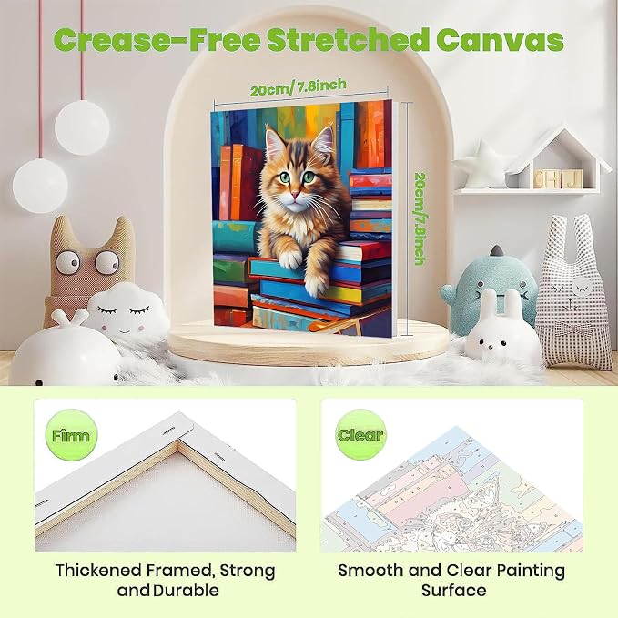 ajepon Cat Paint by Numbers Kit for Kids with Frame - Cute Cat Paint by Number for Kids, Cats Kid Painting by Number Kits Age 6-8 for Home Wall Decor 8X8inch (with Wooden Easel)
