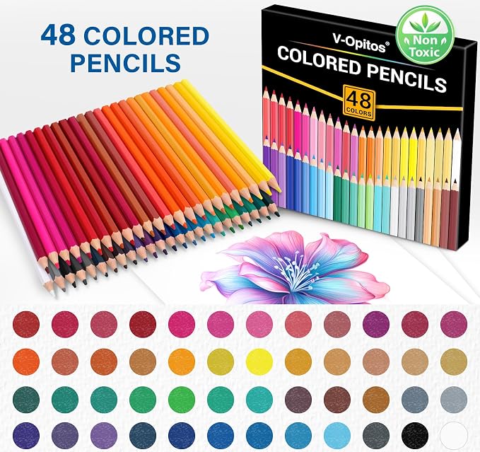 V-Opitos 48 Pack Colored Pencils Set of 2, Pre-sharpened Coloring Pencils for Kids Beginners, Colored Pencils for Adult Coloring Books, Ideal Art Supplies for Sketching, Coloring & Painting