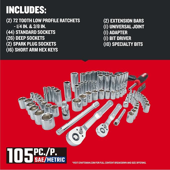 CRAFTSMAN Mechanics Tool Set 105 Pcs, Standard (SAE) and Metric with Case , 1/4 and 3/8 Inch Drive Car Tool Kit( CMMT12123)