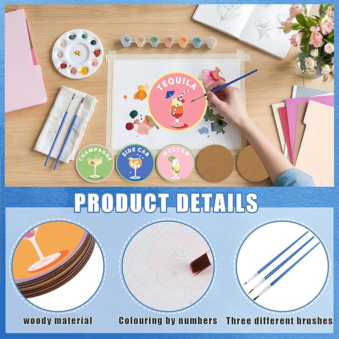 8 Pack Cocktail Paint by Numbers Kits Coasters with Holder Cork Pads | Drinks Paint by Number Kits for Adults Simple Round Oil Painting Coaster for Small DIY Craft Holiday Birthday Gift 3.9x3.9in