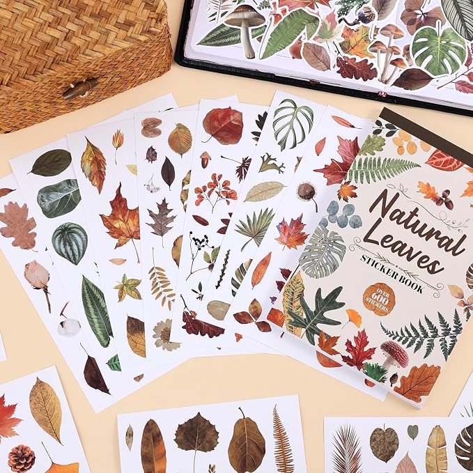 600+ Waterproof Vinyl Leaf Stickers, 30 Sheets Realistic Botanical Foliage Plant Stickers Book for Journaling Scrapbooking Water Bottle Laptop Planner Decoration, Nature-Themed DIY Supplies for Women