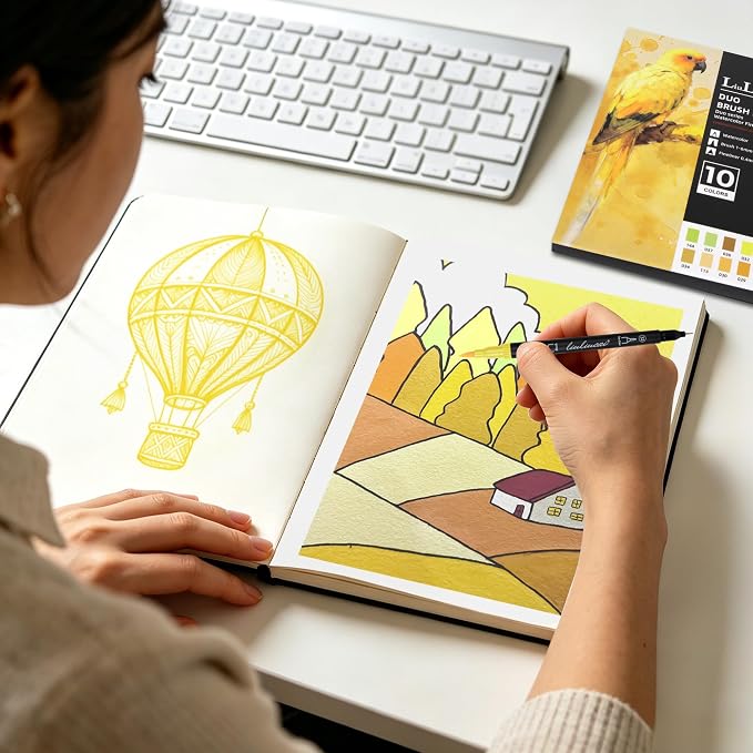 LIULIUCAI 10 Yellow Dual Markers, Fine & Brush Tip Pen for Adult Coloring