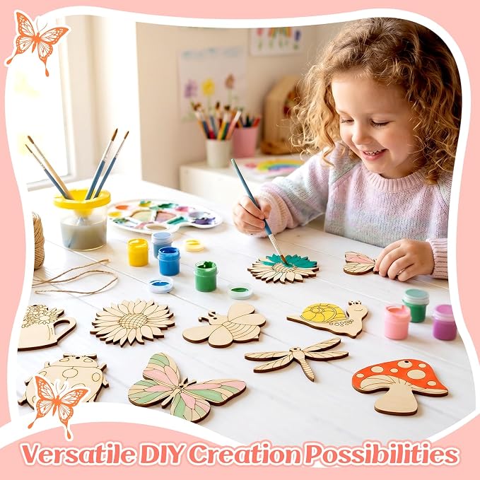 48PCS Unfinished Wooden Cutouts, Blank Hanging Craft Ornaments | 8 shapes Pre-drilled sling holes, blank unfinished wood for kids DIY painting, home hanging craft decor supplies