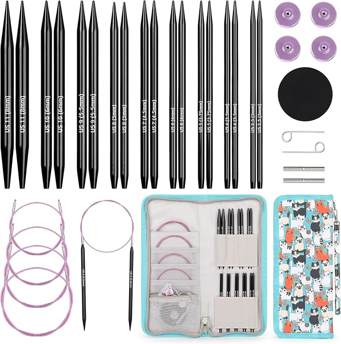 Aeelike 9 Pair Interchangeable Knitting Circular Needles Set 3-8.0mm, Black | Aluminum Interchangeable Knitting Needles with 4 Cables, Smooth Complete Needles Set for Socks Blankets Sweaters, Ideal Gift
