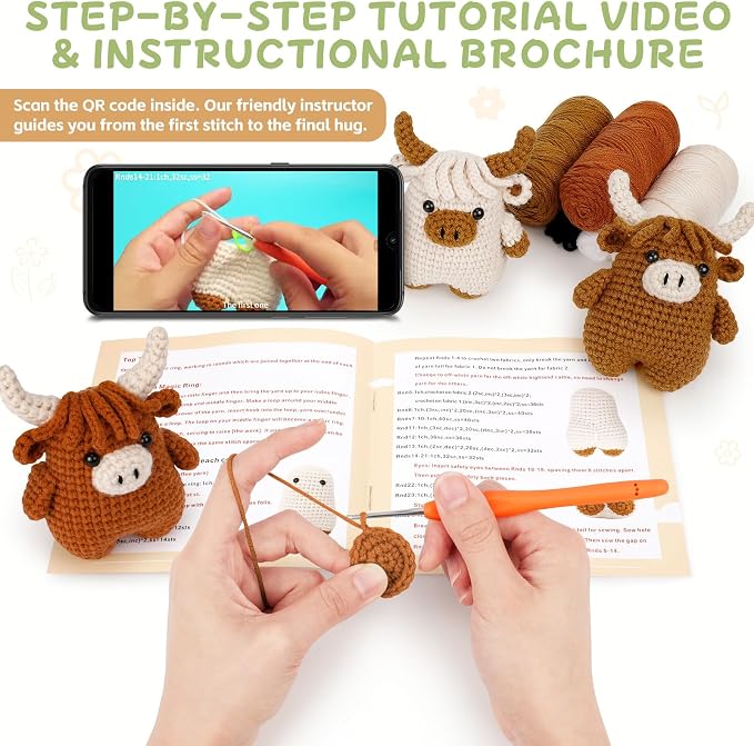 Fortuning's JDS Crochet Kit for Beginners - Crochet Highland Cow Beginner Crochet Kit for Adults, Complete Scottish Cow Crochet Animal Kits, Easy Crocheting Knitting Starter Kits Gifts