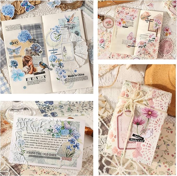 400Pcs Vintage Scrapbook Paper Floral Scrapbook Supplies Junk Journal Stickers Journaling Supplies for Bullet Journaling, Retro Crafts, Planner, Collage Card Album