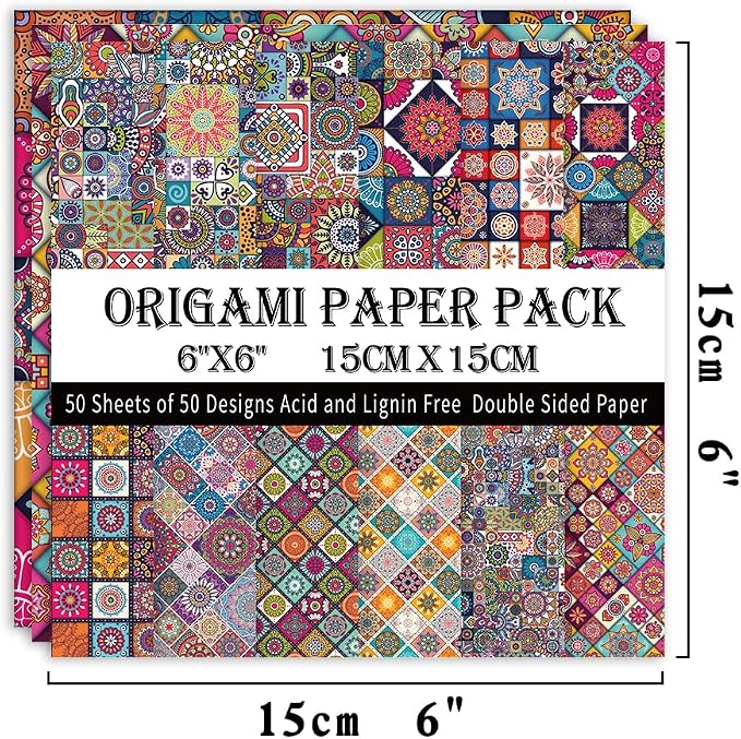 Origami Paper 50 Sheets, 6-Inch Square Double Sided Colored Craft Paper | 70GSM colorful paper,50 Vivid Pattern Origami Kit,DIY Hand Crafts,Arts Creativity,Easy to Fold,No-Fading.Ethnic Style