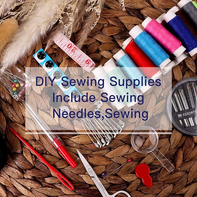 JUNING Sewing Kit with Case Portable Sewing Supplies for Mom Grandma Women Men Teen Girls Boys Home Traveler, Adults, Beginner, Emergency, Contains Thread, Scissors, Needles,Measuring Tape and More