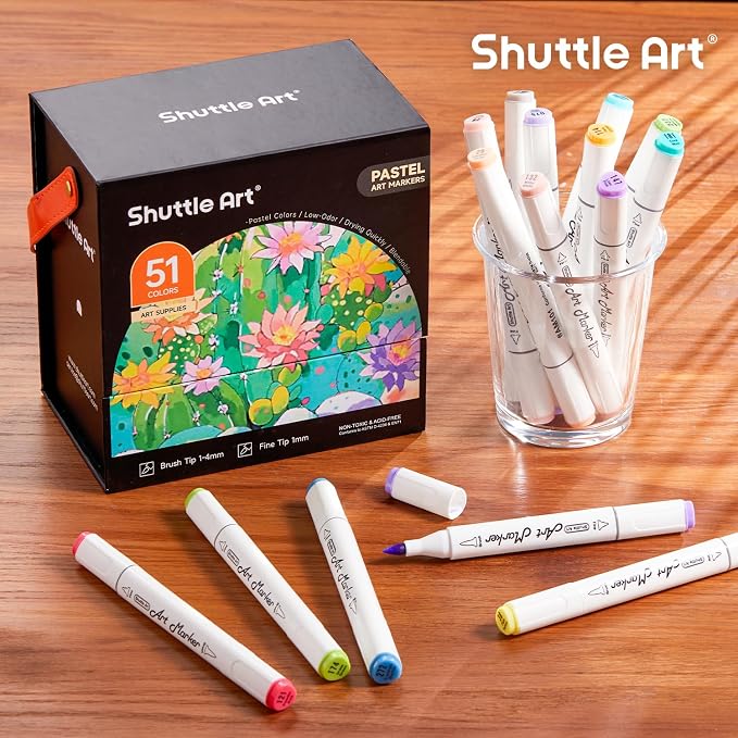 Shuttle Art Pastel Alcohol Markers Brush tip, Dual Tip Brush & Fine Tip Art Marker Set, 50 Colors plus 1 Blender Marker Pens with Case Perfect for Illustration Kids Students Adults Coloring Sketching
