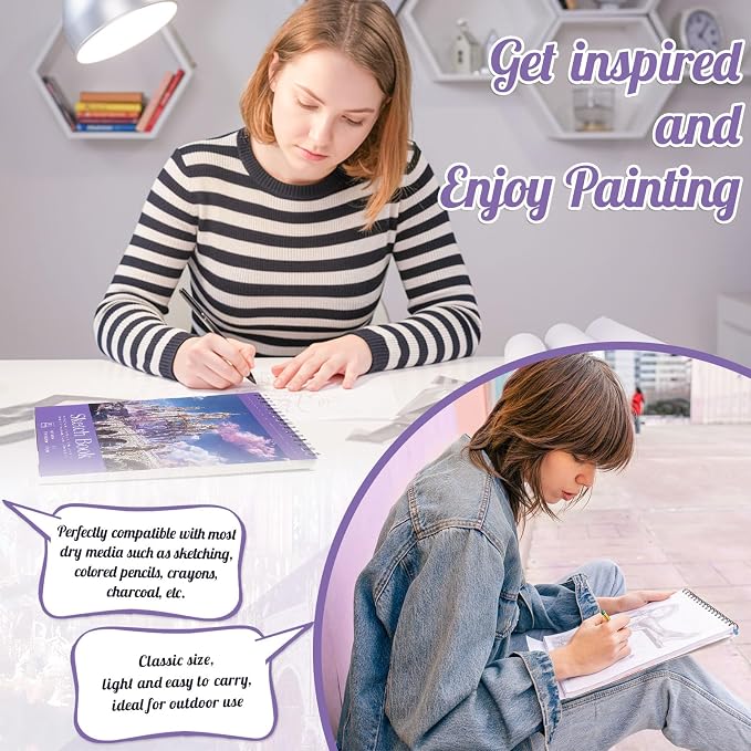 8.5×11 Sketch Book, Spiral Bound, 100 Sheets, Acid-Free, Purple | 68lb/100gsm Paper, Perforated Pages, Sturdy Backboard, Ideal for Pencil, Charcoal, Pastel & Crayon