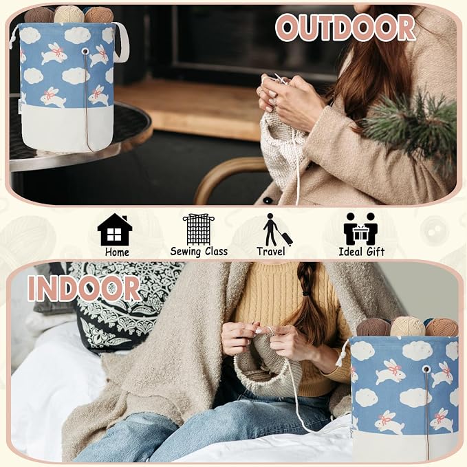 Yarn Bag, Small Crochet Bag Organizer, Drawstring Yarn Storage Knitting Bags, Portable Mini Yarn Holder for Crocheting Project, Store Skein Ball, Needles Accessories (Blue Rabbits, Large)