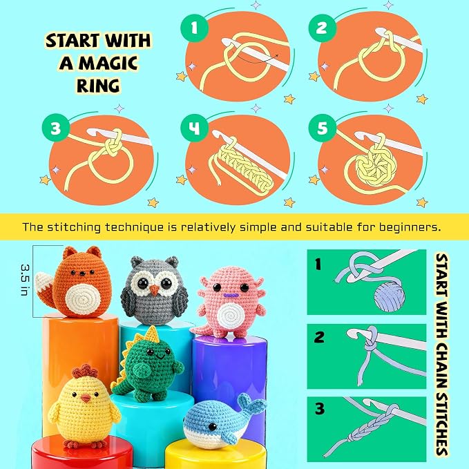 Joyclub Crochet Kit for Beginners 6 Animal Family with Video for Adults | Amigurumi animal with step-by-step video and 40% extra yarn for first projects crochet starter; DIY gifts for adult crafters