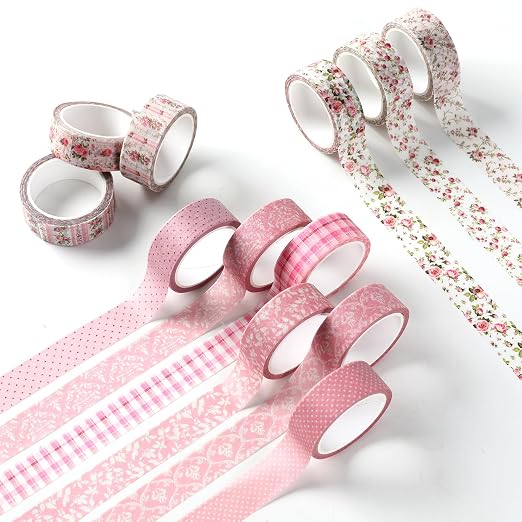 12 Roll Floral Washi Tape Set Flower Decorative Masking Tape for Scrapbook | Pink Floral Print Washi Tape Set for Back to School Arts DIY Craft Scrapbook Journal Supplies Gifts