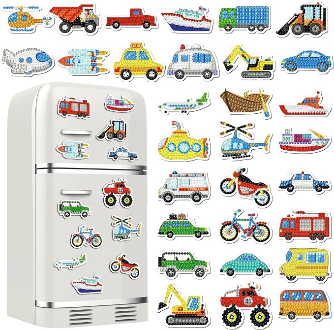 Remuuly 30 Pcs Transportation Diamond Painting Magnets Diamond Art Magnets | Diamond Art Kits for Adults, Car Airplane Refrigerator Magnet, 5D Rhinestone Fridge Magnetic Sticker, DIY Diamond Club Gift