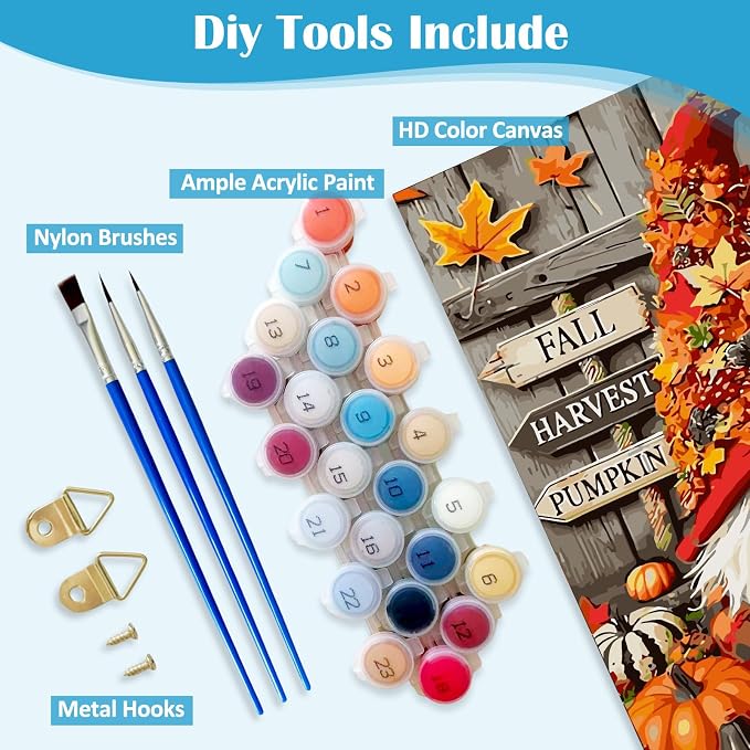 LKHMVCA Fall Gnome Pumpkin Leaf Paint by Number Kits for Adults, DIY Paint by Numbers Kits for Adults Beginners Without Frame, Acrylic Paint Canvas Painting Kits Art for Home Decor 16x20 Inch