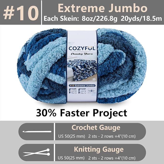Cozyful Chunky Yarn for Hand Knitting - #10 Chunky Chenille Blanket Yarn, Jumbo Big Thick Chunky Yarns for Crocheting, Tie Dye Bulky Knit Yarns, 8 Skein (20 yds 8 oz Each Skein), Navy & Multi Blue