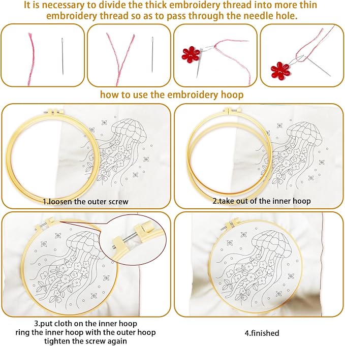 BEUNITONE 4 Pack Beginner Embroidery Kit for Adults, Marine Animals Flowers Pre-Stamped Pattern Needlepoint Kits with Hoops & Instruction, Handmade Embroidery Kits for Fabric and Home Decor 7.9x7.9