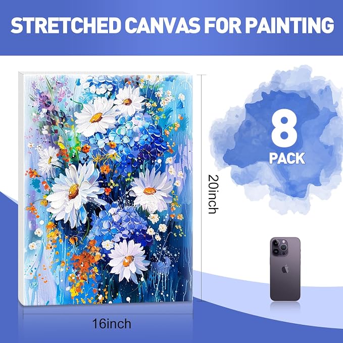 FUMILE 16x20 Canvas for Painting Stretched, 8 Pack Canvases for Painting-5/8 in Profile Primed White Blank Painting Canvas Value Pack for Oil & Acrylic Paint