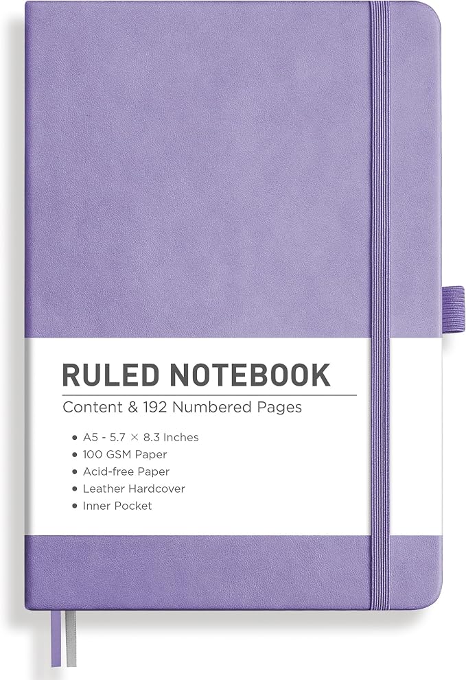 RETTACY Lined Journal Notebook, 192 Numbered Pages, A5 Size (5.7'' x 8.3'') | Leather Hardcover, 100 GSM Thick Paper, for Men & Women, Journaling, Writing, Work & Office (Purple)