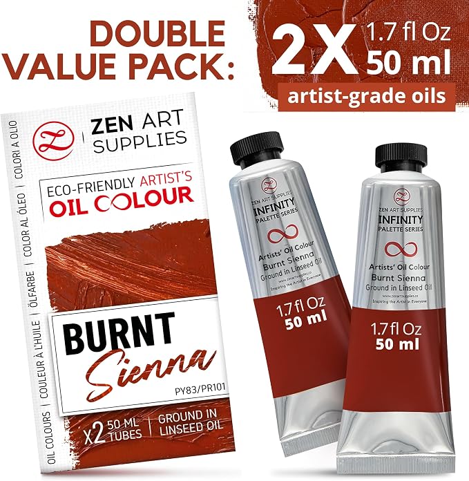 ZenART Professional Oil Paint Set - Artist Grade Burnt Sienna - 2x50ml | Non-Toxic, Buttery Consistency, Rich Pigment, Lightfast Oil Paints for Primed Surface Canvas, Fine Art, Portraits & Landscape