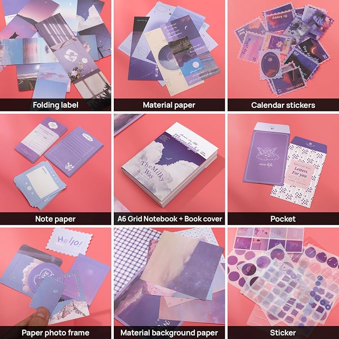 Scrapbook Photo Album Supplies Kit with Tweezers and Glue Tape – Romantic Stationery Aesthetic Junk Journal Kit, Scrapbooking Paper, Sticker Pack, Notebook, DIY Craft, Gift for Teen Women (Monnlight)