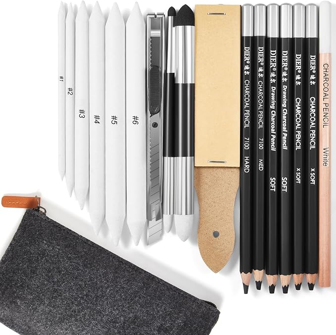 Kosiz 18 Pcs Charcoal Drawing Set Sketch Kit Black Charcoal Pencils, White, Double Headed Blending Sponge Pen Blending Stumps Sanding Block Knife Pencil Case, Artist Pencils for Beginners and Artists