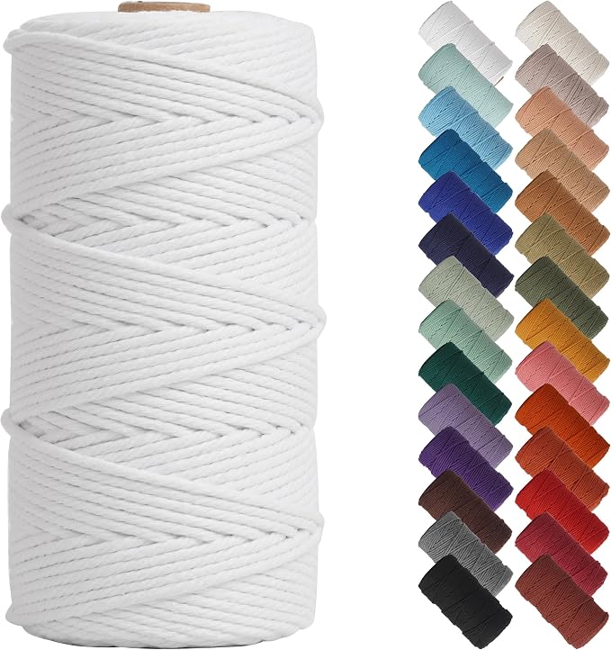 NOANTA White Macrame Cord 3mm x 220yards, Colored Cotton Rope Macrame Yarn | Macrame Rope Supplies, 3 Strand Twisted Cotton Yarn String, Cotton Cord for Wall Hanging, Plant Hangers, Crafts, Knitting
