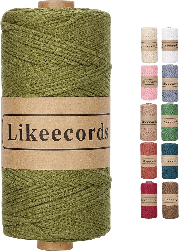 Likeecords 100% Cotton Crochet Bag Cord 2mm 170m Macrame Cord 2mm Crochet Thread Macrame Rope Gift for Knitter （Military Green）