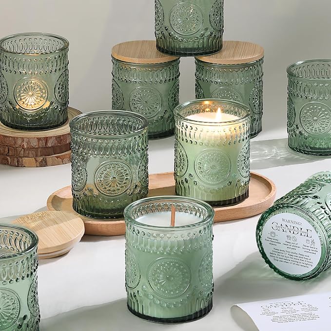 DARJEN 10 Pcs 8oz Glass Candle Jars with Lids, Candle Tins-Green | Premium Thick Glass, Secure Wooden Lids- Candle Jars for DIY Candle Making, Stunning Sunflower Design