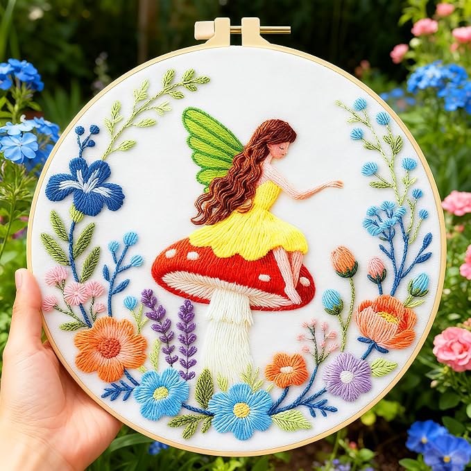 BEUNITONE 4 Set Fairy Patterns Embroidery Kit for Beginners 7.9"x7.9" DIY Complete Needlepoint Kits for Adults, Cross Stitch Starter Kit with Hoops and Instructions, Handmade Gifts for Home Decor
