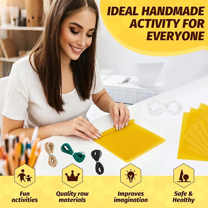 HASSLICKIT Natural Beeswax Candle Making Kit for Beginners-12 Beeswax Sheets for Candle Making Rolling DIY Kits (Natural Yellow Color, 8 x 8 inch)